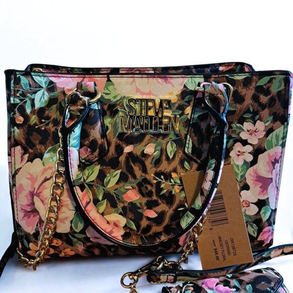 Steve Madden Handbags - Steve Madden Leopard BMICKEY Floral Handbag DR126725 Pink & Black NWT